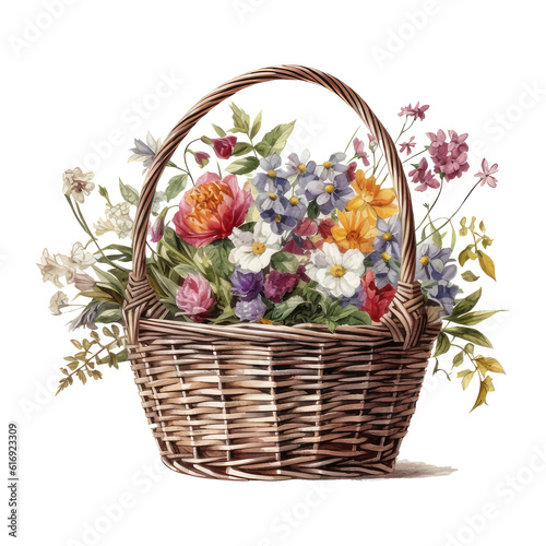 Watercolor illustration of a wicker basket with wild flowers