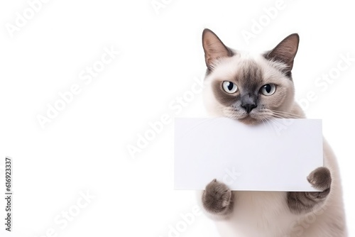 A cute Siamese cat is holding a blank white sheet of paper in its paws.