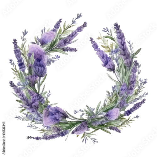 Watercolor illustration of a wreath of lavender