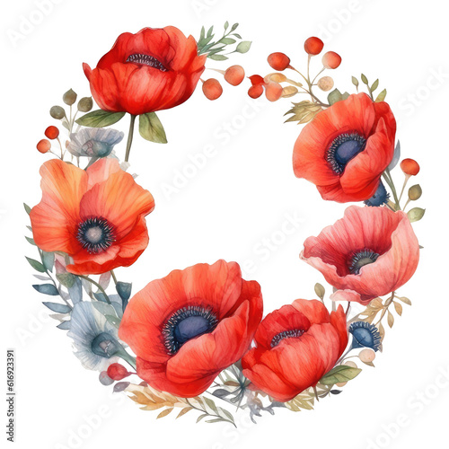 Watercolor illustration of a wreath of poppies