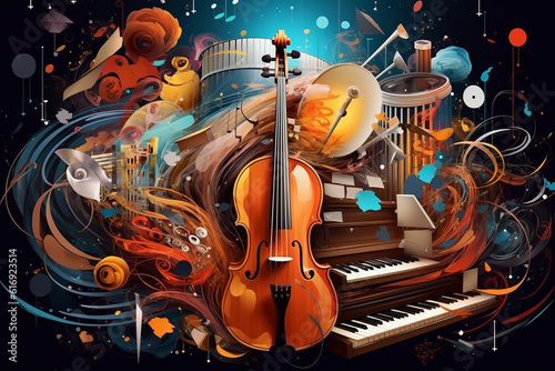 colorful neon background musical style theme abstract musical instruments 3d layout. Generative AI