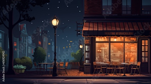 Illustration cafe on the street night made with Generative AI
