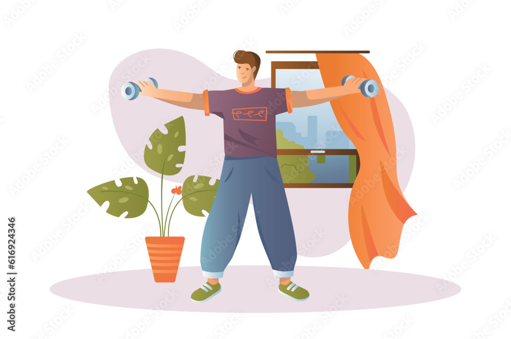 Sport at home concept with people scene in the flat cartoon design. The guy does exercises with dumbbells. Vector illustration.