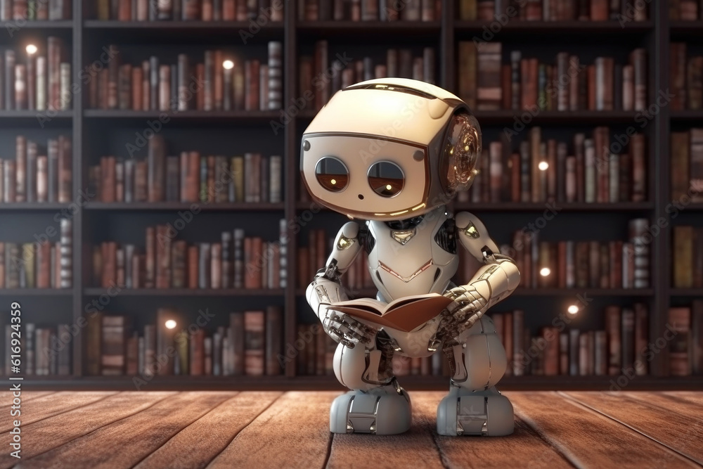 AI Learn Concept. Small Baby Robotic Futuristic Technology Drone Read the Book in Library extreme closeup. Generative AI. AI Learn Concept. Small Baby Robotic Futuristic Technology Drone Read the Book in Library extreme closeup. Generative AI.