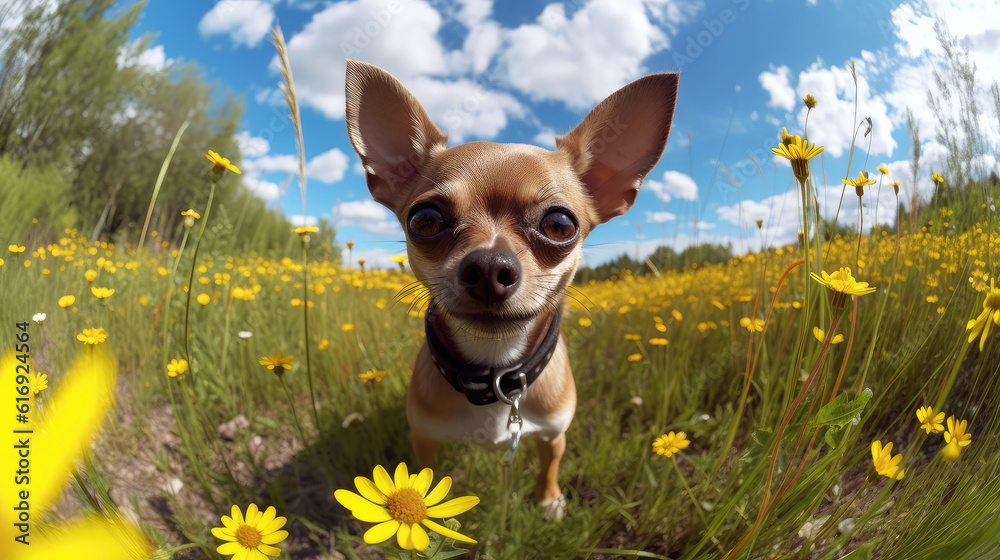 Wide Angle Portrait of Chihuahua Dog in Field of Flowers extreme closeup. Generative AI Wide Angle Portrait of Chihuahua Dog in Field of Flowers extreme closeup. Generative AI