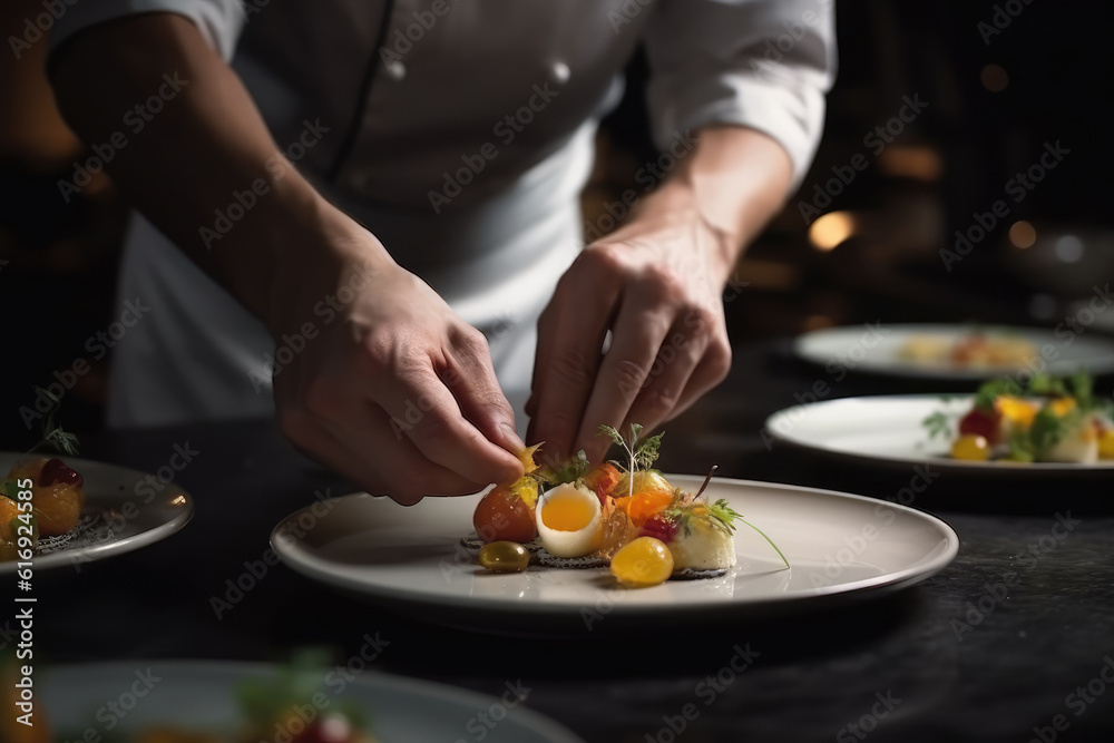 A Chef's Hands Skillfully Preparing a Delicious Gourmet Dish extreme closeup. Generative AI