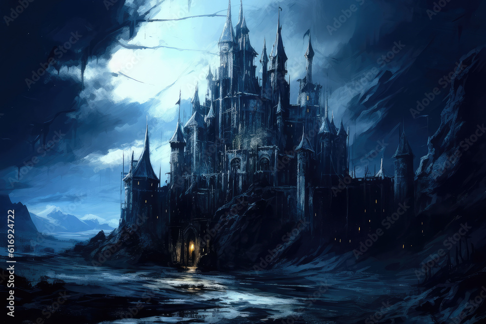 Dark Castle Evil House in the Night Forest with Trees and Rocks