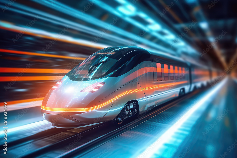 Futuristic Design High Speed Train Motion extreme closeup. Generative AI