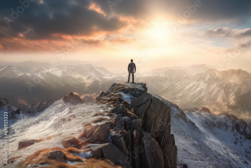 Business, Success, Leadership and Achievement Concept. Man Hiking on Top of a Rocky Mountain Peak with Sky and Clouds. Generative AI