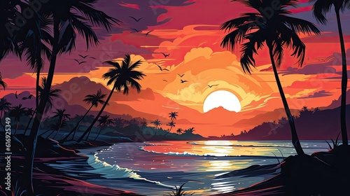 Illustration evening on the beach with palm trees background made with Generative AI