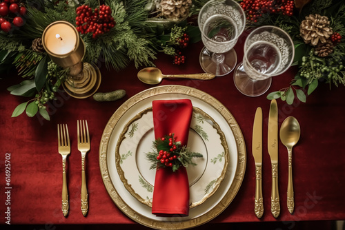 Christmas table scape, elegant formal dinner table setting, tablescape with holiday decoration for party event celebration, generative ai © Anneleven