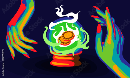 Illustration of a witch's hands with a magic ball, fortune prediction and Happy Halloween inscription for a party invitation card, poster. The Day of the Dead banner. Printing in bright colors