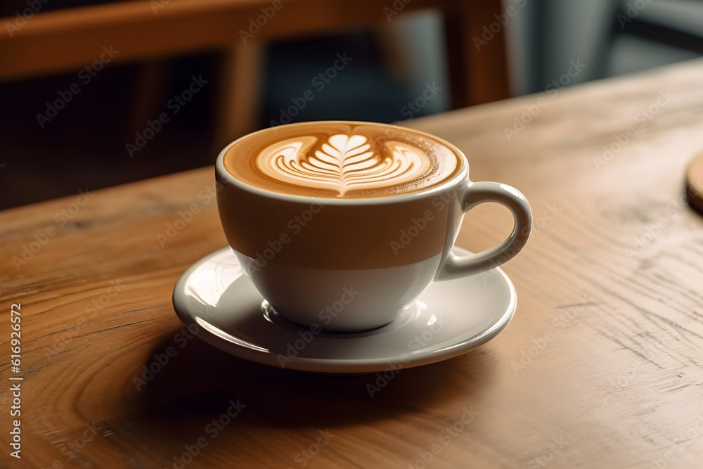 A photograph of a cup of coffee with intricate latte art, sitting on a rustic wooden table, taken from a perspective level with the table.