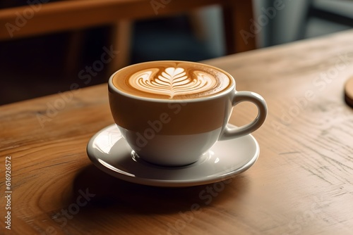 A photograph of a cup of coffee with intricate latte art, sitting on a rustic wooden table, taken from a perspective level with the table.