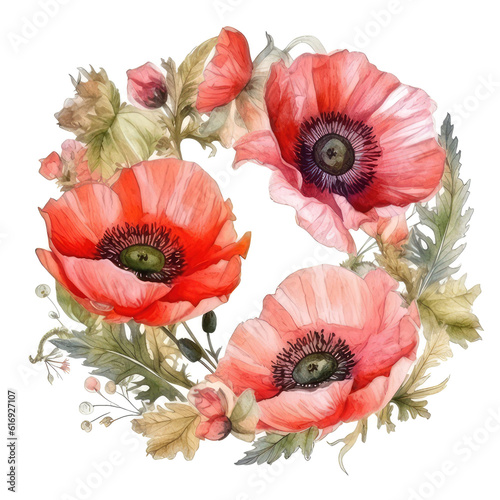 Watercolor illustration of a wreath of poppies © ku4erashka