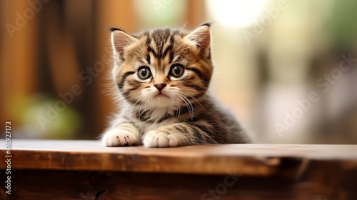 Cute scottish fold kitten climbs wooden table, Illustration Generative AI