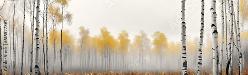 autumn birch forest fog landscape panorama October. generative ai