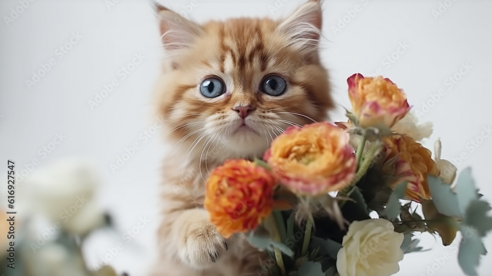 cute kitten with a bouquet of flowers on a white background. Generative AI cute kitten with a bouquet of flowers on a white background. Generative AI