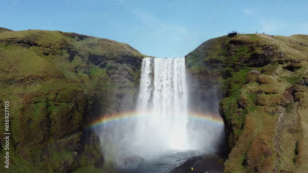 Waterfall In Iceland. Amazing View Of The Skogafoss Waterfall Waterfall In Iceland. Amazing View Of The Skogafoss Waterfall
