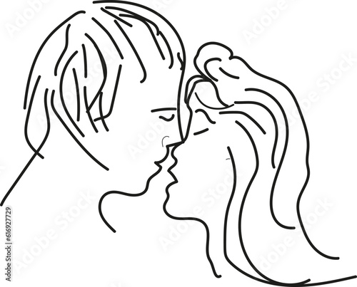 Line art couple. Romantic kiss of lovers, loving couple kissing vector isolated. Line art men and woman. Kiss print, valentines day 