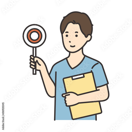 カルテとマルの札を持つ看護師の男性のイラスト