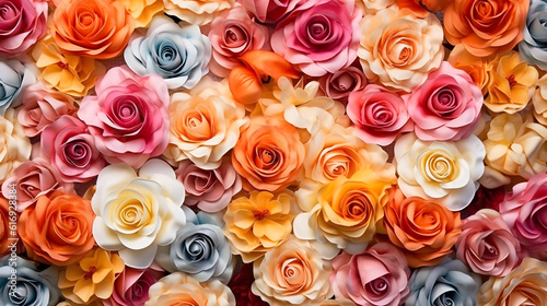 Different color of roses full background top view lay flat created with Generative AI