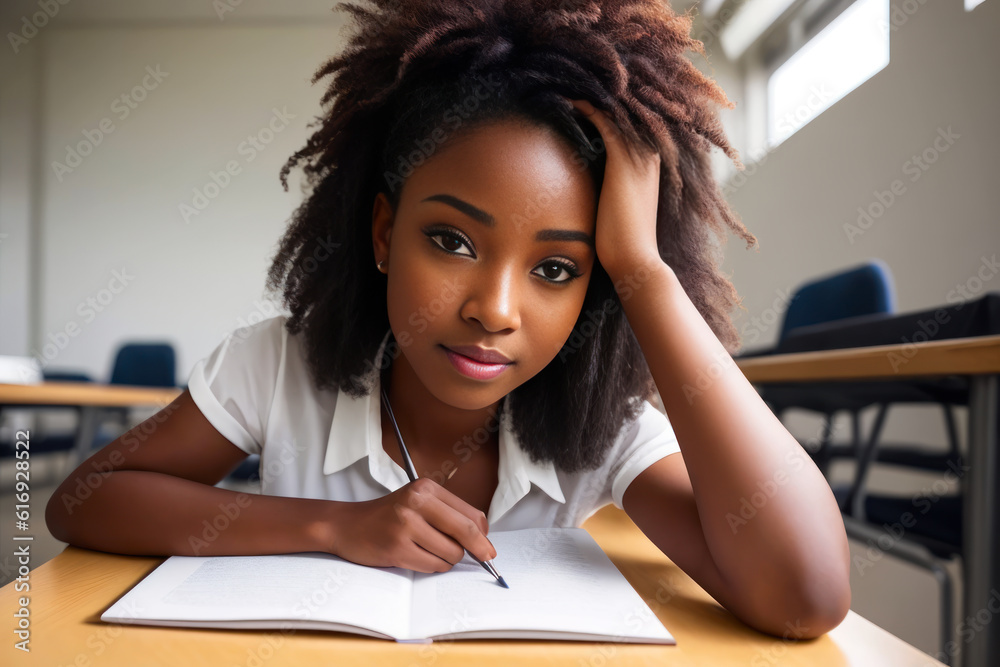 Portrait of a stunning young ebony woman sitting in a class. Back to School concept. Generative AI