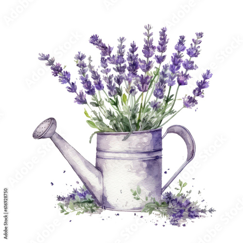 Watercolor illustration of a metal watering can with lavender