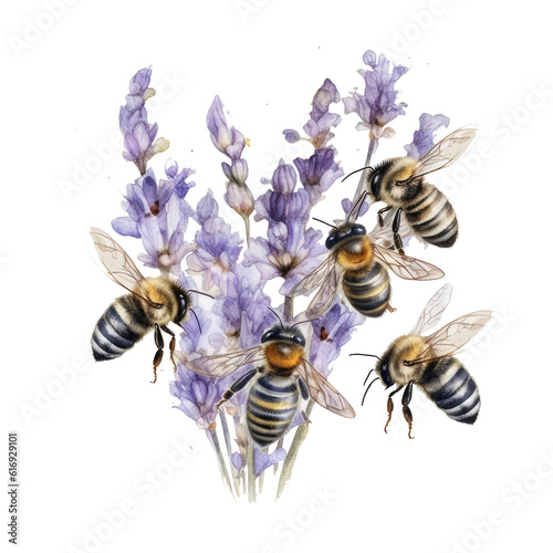 Watercolor illustration of lavender bush with bees