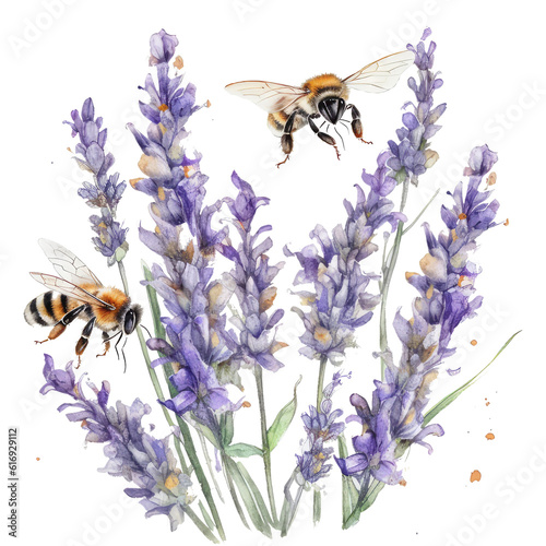 Watercolor illustration of lavender bush with bees