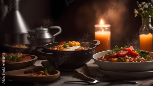 Gourmet food on a candlelit table  