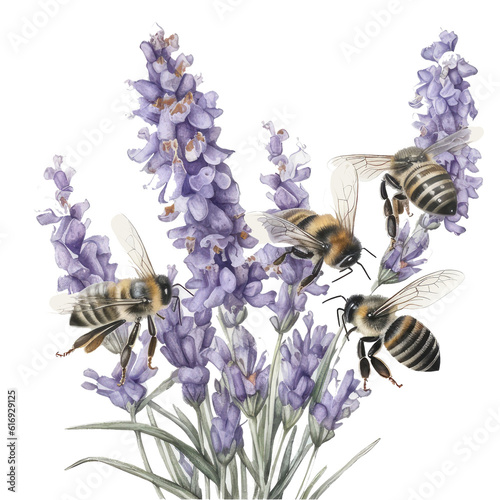 Watercolor illustration of lavender bush with bees