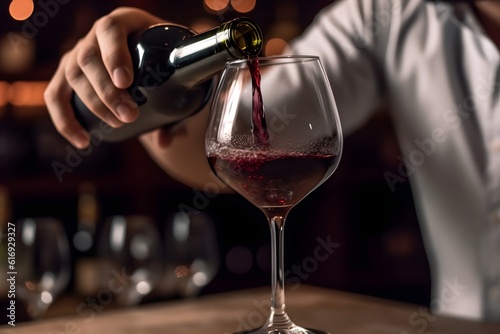 A close-up photo capturing the moment a sommelier pours red wine into a glass, showing the professionalism and art of wine service.