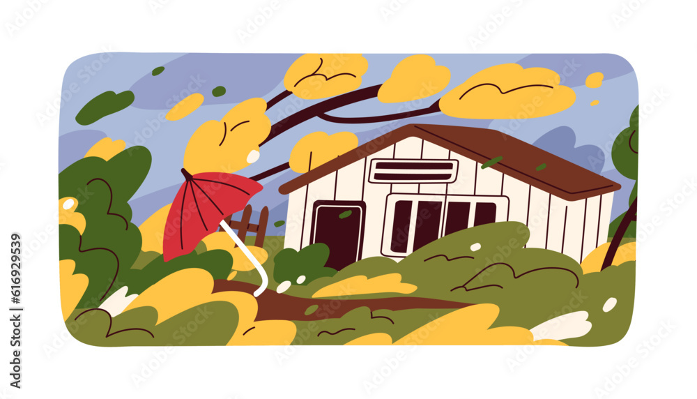Strong wind blowing, hurricane in autumn season. Windy stormy day, dangerous weather, windstorm destroying tree branches, umbrella, house. Natural disaster, catastrophe. Flat vector illustration