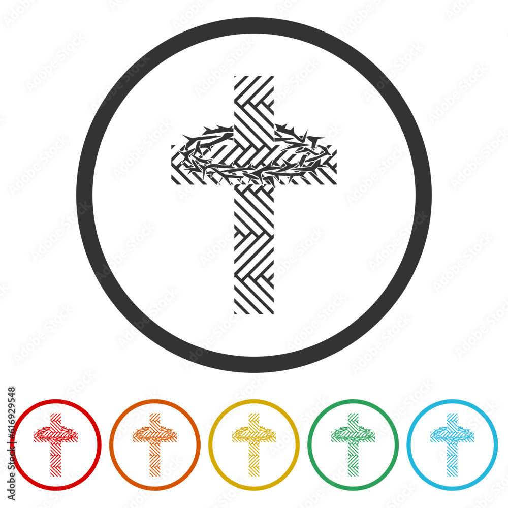Crown of thorns, wooden cross icon. Set icons in color circle buttons Crown of thorns, wooden cross icon. Set icons in color circle buttons