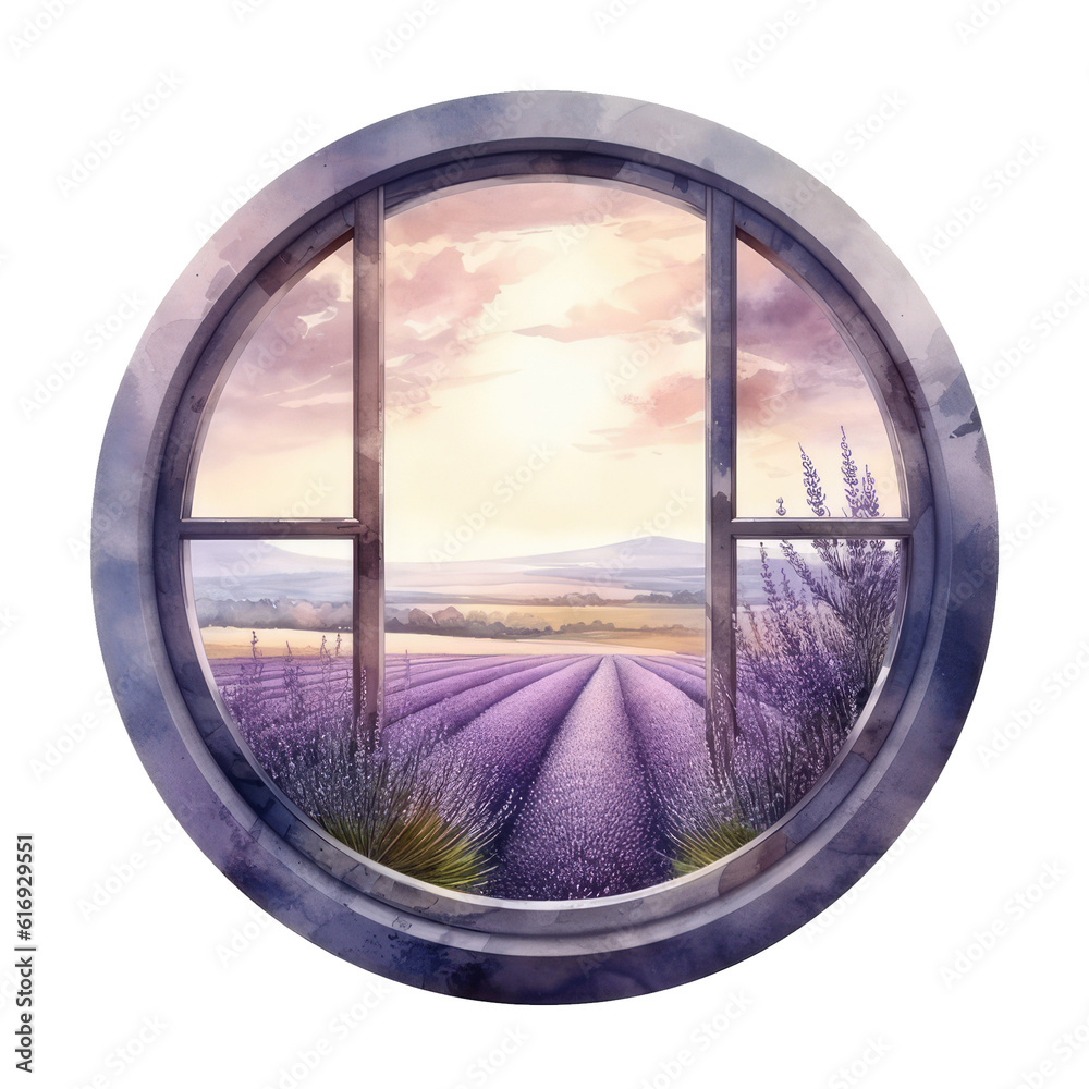 Watercolor illustration lavender field window view Watercolor illustration lavender field window view