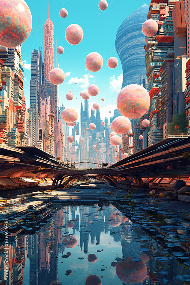 A digital artwork featuring a surreal cityscape with floating