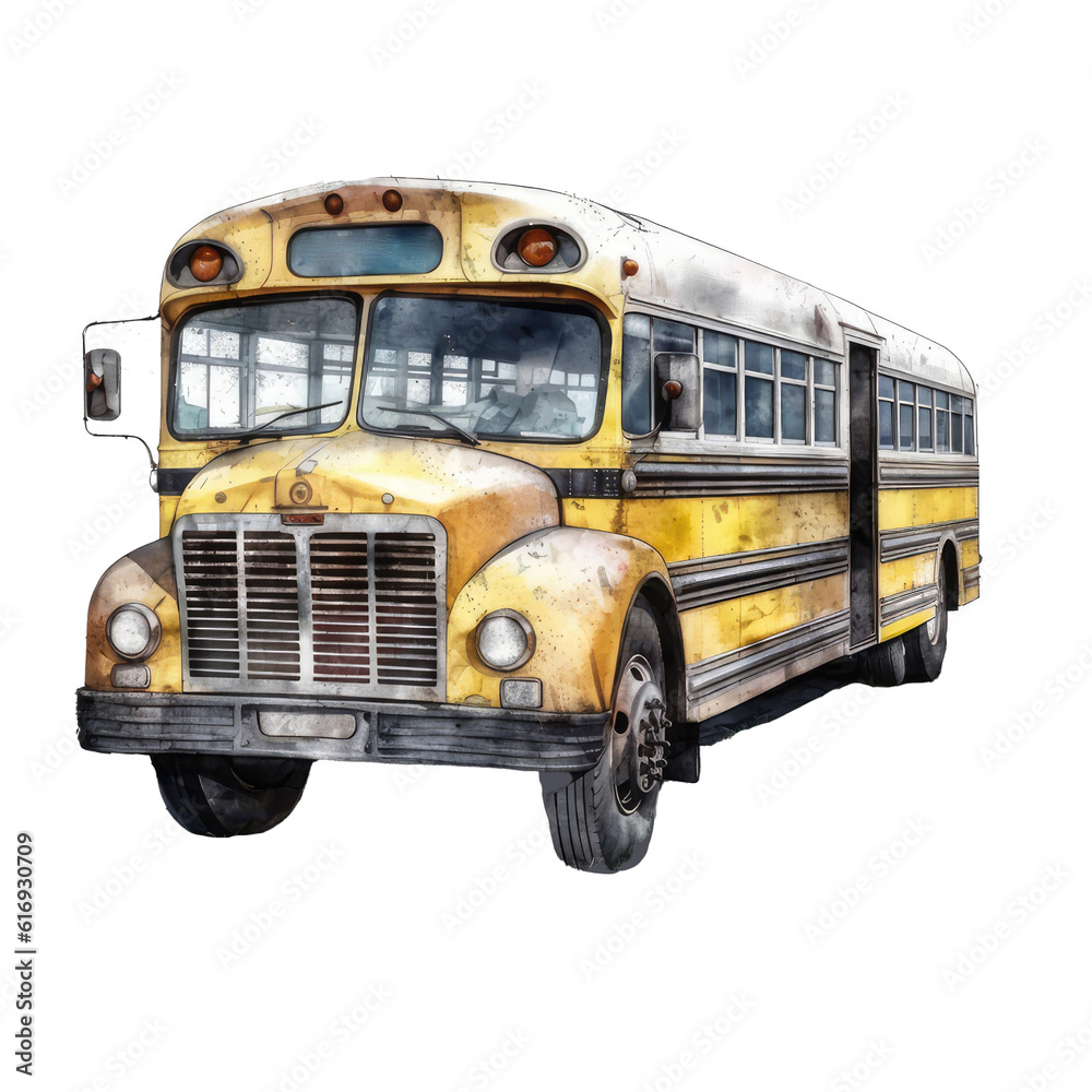 Watercolor illustration of a yellow school bus