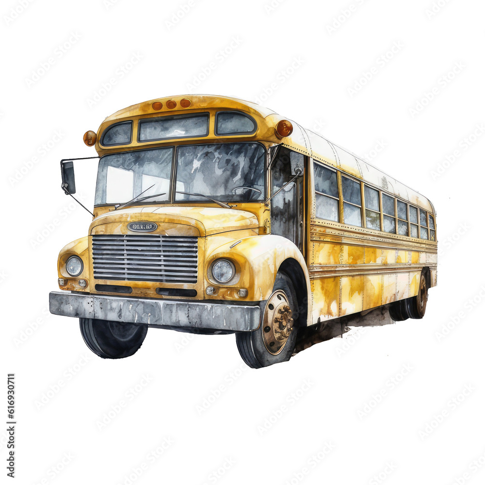 Watercolor illustration of a yellow school bus