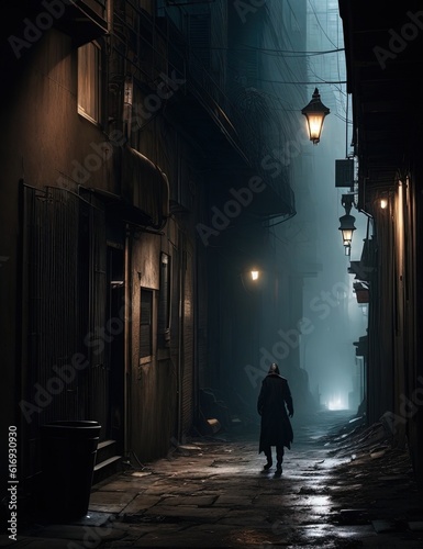 A dark gritty dystopian alleyway or alley with a mysterious figure man in black lurking in the shadows, generative AI