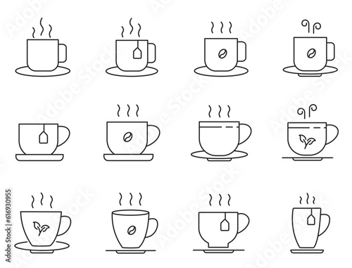 coffee and tea cup outline icons set on white background.