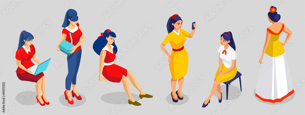 Modern women in different poses and outfits, a woman's clothing fashion illustration. Isometric view.