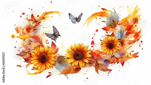 sunflowers watercolor wreath frame on white background. generative ai