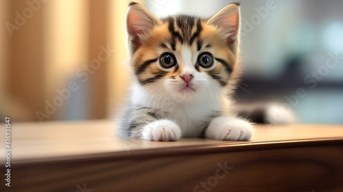 Cute scottish fold kitten sits on wooden table, Illustration Generative AI