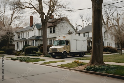 An image capturing a delivery truck parked in a suburban area, ready to distribute parcels to local residents. Illustrates last-mile delivery.