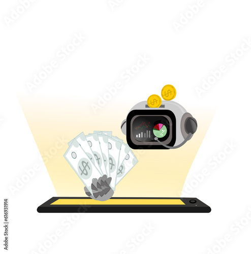 Illustration AI makes money and  Small investment but big returns with robots concept .Artificial intelligence assistance service for work and earning income for business.Smart application on mobile.