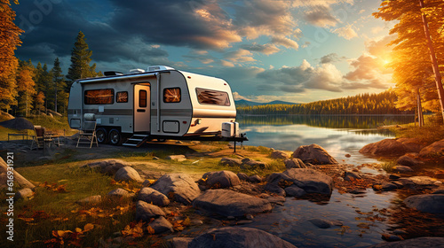 Fotografia rv camper trailer at lake by the shore. Ai generative