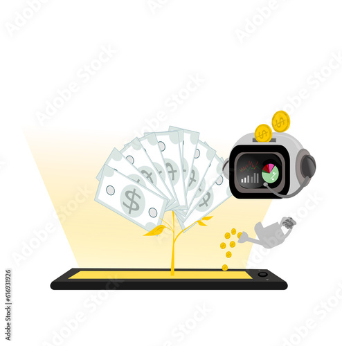 Illustration AI makes money and  Small investment but big returns with robots concept .Artificial intelligence assistance service for work and earning income for business.Smart application on mobile.