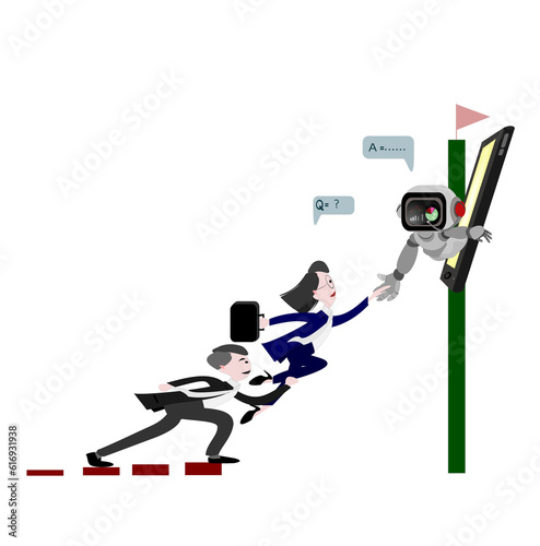 Business person are jumping and connecting with robots to help achieve their goals.Artificial intelligence assistance service for work and earning income for business.Smart application on mobile.