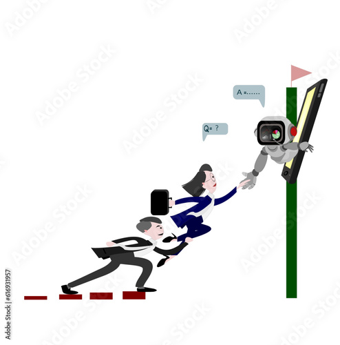 Business person are jumping and connecting with robots to help achieve their goals.Artificial intelligence assistance service for work and earning income for business.Smart application on mobile.